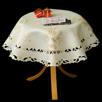 Toalha de mesa de Natal de tecido de cetim de luxo redonda dourada/topo de mesa bordado bordado