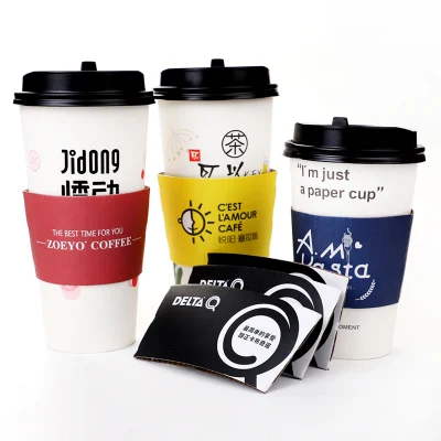 Impressão por atacado 8 oz 12 oz 16 oz copos de papel descartáveis ​​de parede única personalizados copo de papel para café quente com mangas e tampa